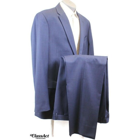 Tommy Hilfiger 2 Piece Suit Mens Blue Wool 2 Btn 48L Flat Fronts 40" Waist - Picture 1 of 11